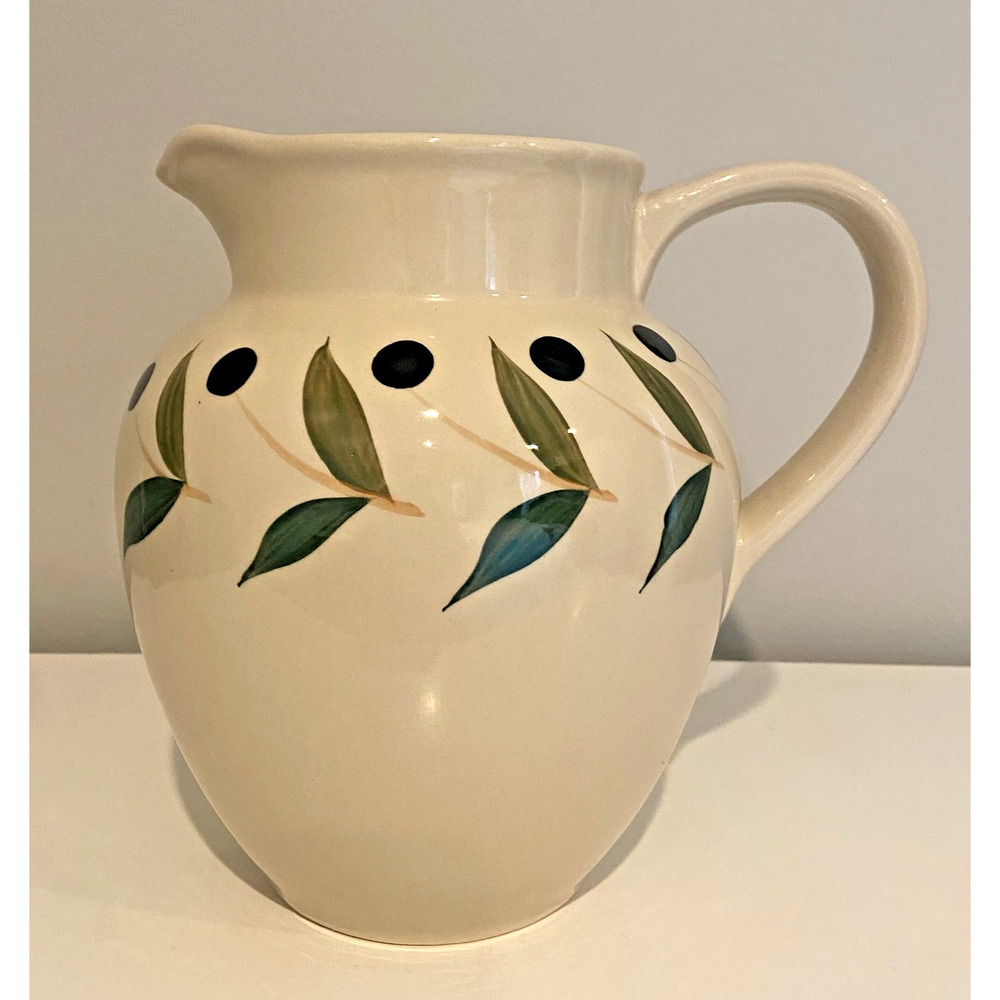 Ceramic Off White Pitcher, Olive Design, 8"H